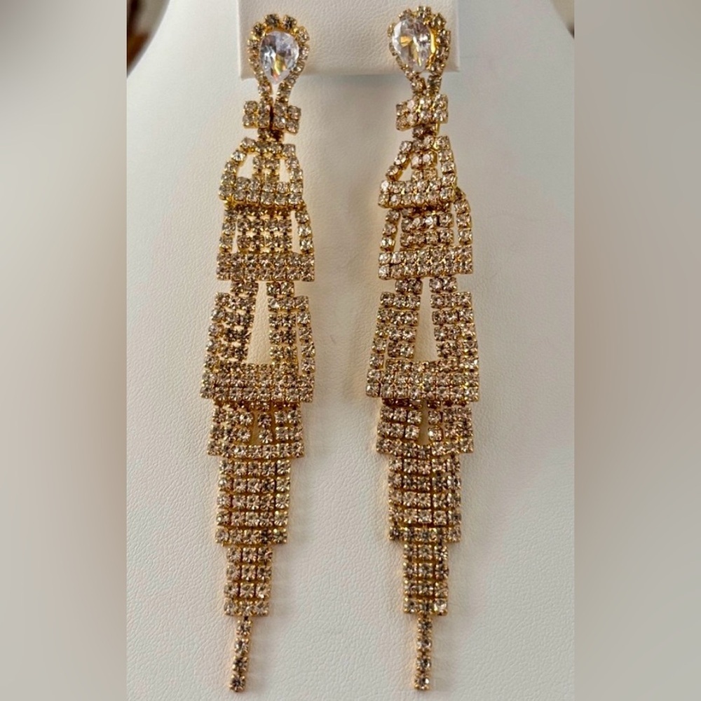 Couture Gems Goldtone chandelier,clear rhinestones, post, dressy,event